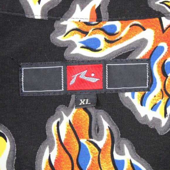 Rusty Surf Flamed Hibiscus Black Button Up Short Sleeve Shirt Mens XL All Over - Picture 6 of 9